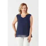 Moda Berray 3241 Lacivert Yaka Fırfırlı Kolsuz Büyük Beden Şık Kadın Bluz
