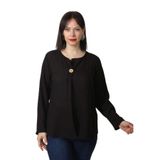 Moda Berray SB-073 KOLU APOLETLİ YAKASI DÜĞME AKSESUARLI GİZLİ PİLELİ KETEN KADIN BÜYÜK BEDEN SİYAH BLUZ SİYAH-42