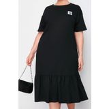 Moda Bisiklet Yaka Midi Boy Büyük Beden Büzgü ve Etiket Detaylı %100 Pamuk Örme T-shirt Elbise