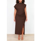 Moda Büyük Beden Abiye Krep Örme Dik Yaka Kolsuz Kol Bodycone Midi Boy Büyük Beden Elbise