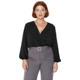 Moda Büyük Beden Kruvaze Örme Regular Düz Desen Casual Günlük Regular Uzun Kol Bluz_Siyah-XL