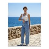 moda camiya Bel Lastikli Yüksek Bel Wide Leg Kalıp Paça Püsküllü Mavi Kadın Jean Pantolon