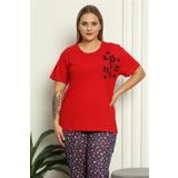 Moda Çizgi 202144 Kırmızı %100 Pamuk Kısa Kol Büyük Beden Kadın Pijama Takımı