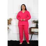 Moda Çizgi 202401 Büyük Beden Pamuklu Cepli Düğmeli Fuşya Kadın Pijama Takımı