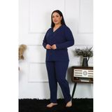 Moda Çizgi 202401 Büyük Beden Pamuklu Cepli Düğmeli Lacivert Kadın Pijama Takımı
