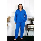 Moda Çizgi 202401 Büyük Beden Pamuklu Cepli Düğmeli Saks Kadın Pijama Takımı