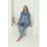 Moda Çizgi 20624 Kadife Mavi Kadın Pijama Takımı