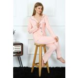 Moda Çizgi 2778 Pembe Penye Uzun Kol Önden Düğmeli Kadın Pijama Takımı