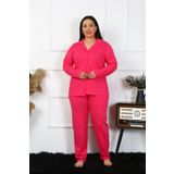 Moda Çizgi Kadın Büyük Beden Pamuklu Cepli Düğmeli Fuşya Pijama Takım 202401