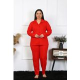 Moda Çizgi Kadın Büyük Beden Pamuklu Cepli Düğmeli Kırmızı Pijama Takım 202401