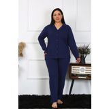 Moda Çizgi Kadın Büyük Beden Pamuklu Cepli Düğmeli Lacivert Pijama Takım 202401