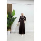 moda crn Elara Zarif Saten Broş Detaylı Tesettür Abiye