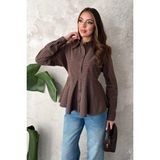 Moda Days Kadın Kahverengi Çizgili Gömlek Yaka Düğmeli Peplum Kesim Uzun Kollu