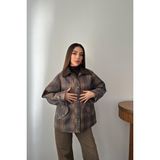 Moda Days Kadın Kahverengi Ekose Garnili Gömlek Yaka Astarlı Fermuarlı Cepli Oversize Ceket - Standart