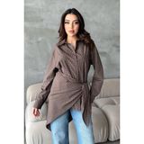 Moda Days Kadın Kahverengi Gömlek Ekose Desenli Oversize Şal Detaylı Uzun Kollu Asimetrik