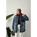 Moda Days Kadın Mavi Kot Ceket Vintage Yıkamalı Düğmeli Cepli Uzun Kollu Denim