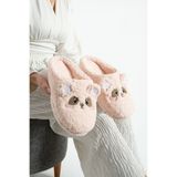 Moda Devrin Pembe Nakışlı Figürlü Pofuduk Terlik Ev Terliği (Dikiş Montaj, Kaydırmaz, Sessiz, Yıkanabilir)