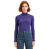 Moda Dik Yaka Örme Slim Düz Desen Casual Günlük Regular Uzun Kol Bluz_Mor-M
