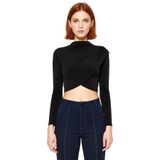 Moda Dik Yaka Örme Slim Düz Desen Şık gece Crop Uzun Kol Bluz_Siyah-XS