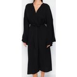 Moda Dokuma Regular Kalıp Uzun V Yaka Normal Kol Flamlı Pamuk Eteği Fırfırlı Düz Desen Kimono Kaftan
