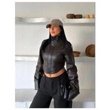 Moda Durağı Frozen Yeni Sezon Korse Detaylı Crop Deri Ceket Kahverengi - XL