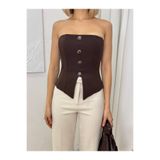 MODA DURAĞI KADIN STRAPLEZ DÜĞME DETAYLI CROP BLUZ Kahverengi