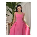 MODA DURAĞI Kare Yaka Askılı Kloş Uzun Elbise PEMBE