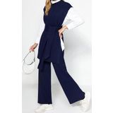 Moda Düz Dik Yaka Casual Günlük Kuşaklı Pirinç Örgü Süveter-Pantolon Triko Alt-Üst Takım