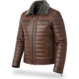 Moda Erkek Kahverengi Yakası Kürklü Fermuarlı Içi Astarlı Hakiki Deri Mont Ceket - Antik Taba - 2XL