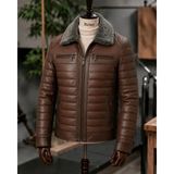 Moda Erkek Kahverengi Yakası Kürklü Fermuarlı Içi Astarlı Hakiki Deri Mont Ceket - Antik Taba - 3XL