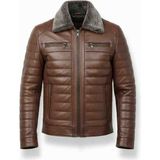 Moda Erkek Kahverengi Yakası Kürklü Fermuarlı Içi Astarlı Hakiki Deri Mont Ceket - Antik Taba - 4XL