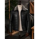 Moda Erkek Siyah Yakası Çıkarılabilir Kürklü Fermuarlı Içi Astarlı Hakiki Deri Mont Ceket - 000-Siyah - 4XL