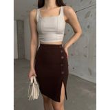 Moda Fine Kadın Yandan Yırtmaçlı Düğme Detaylı Krep Kumaş Likralı Mini Etek - S - Acı Kahve