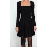 Moda Fit Mezuniyet Balo Sandy Örme Degaje Yaka Uzun Kol Shift Mini Boy Elbise