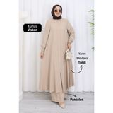 Moda Hayme Viskon Alt Üst Ikili Tesettür Takım Yarım Mevlana Tunik ve Pantolon Bir Arada Bej - 52