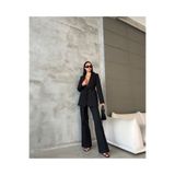 Moda İkra Kadın Kuşaklı Blazer Ceket ve Bol Paça Pantolon Takım Siyah