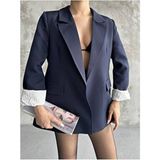 Moda İkra Kadın Lacivert Astarlı Blazer Ceket Uzun Kol Düz Desenli Modern Detaylarla Günlük Kullanım