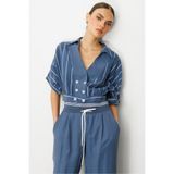 Moda İlgi Modailgi Yarasa Kol Önü Bantlı Bedeni Büzgülü Kısa Gömlek Bluz İndigo