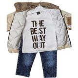Moda Kadife Çocuk Montu Kot Pantolon Sweat Shirt Takımı - Gri - Lacivert - 3 Yaş