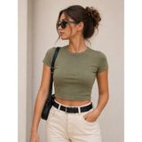 Moda Kadın Basic Crop Tişört , Dar Kalıp, Kısa Kollu, Esnek Kumaş - XL - Haki