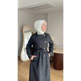 Moda Kadın Düğmeli Trençkot | Kendi Kumaşından Kemerli Model - 0 Siyah - 44