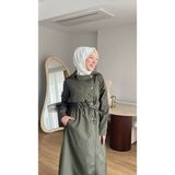 Moda Kadın Düğmeli Trençkot | Kendi Kumaşından Kemerli Model - 00430-Yeşil - 40