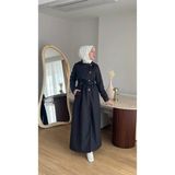 Moda Kadın Düğmeli Trençkot L Kendi Kumaşından Kemerli Model - 0 Siyah - 48