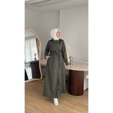 Moda Kadın Düğmeli Trençkot l Kendi Kumaşından Kemerli Model - 00430-Yeşil - 44