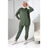 Moda Kadın Mevsimlik Alt Üst Rahat Haki Spor Ikili Tunik Pantolon Şık Tesettür Takım