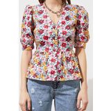 Moda Kadın V Yaka Çiçekli Desen Günlük Çiçek Desenli Kısa Kollu Fitted Bele Oturan Dokuma Gömlek