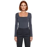 Moda Kare Yaka Örme Slim Düz Desen Casual Günlük Regular Uzun Kol Bluz_Antrasit-XS