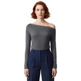 Moda Kayık Yaka Örme Slim Çizgili Desen Casual Günlük Regular Uzun Kol Bluz_Antrasit-M