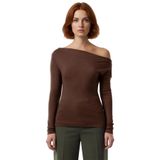 Moda Kayık Yaka Örme Slim Çizgili Desen Casual Günlük Regular Uzun Kol Bluz_Kahverengi-XL