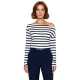Moda Kayık Yaka Örme Slim Çizgili Desen Casual Günlük Regular Uzun Kol Bluz_Lacivert-XL